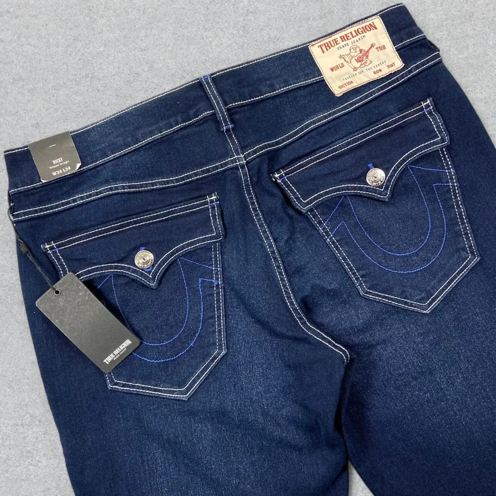 NEW True Religion Jeans Mens 34x34 Blue Denim Ricky Flap Distressed Straight Leg